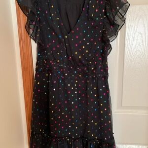 Black Ruffle Mini Dress with Metallic Polka Dots